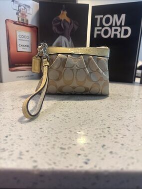 Coach Beige/Yellow  Signature Wristlet Pouch